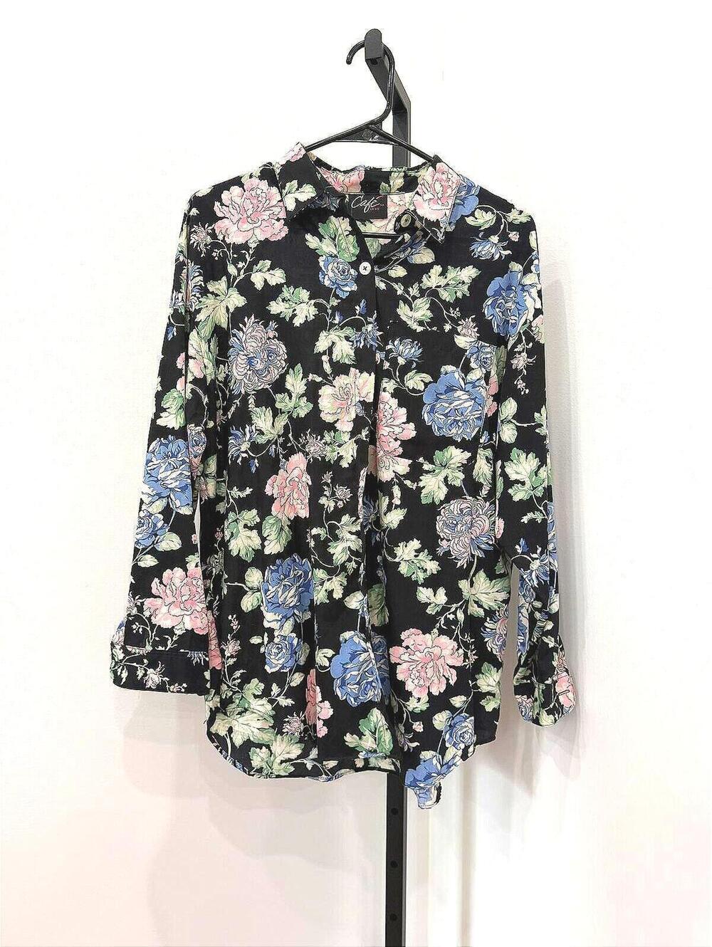 Cafe La Vie Medium Floral Button-Up Shirt Black with Pink and Blue Flowers SizeM
